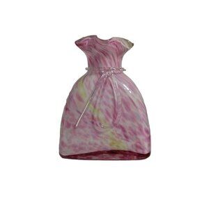 Murano GLASS Pink GREEN Stripe BAG Design VASE Scalloped TOP Edge
